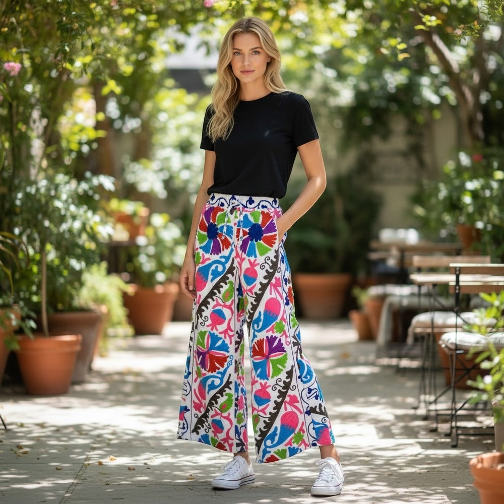 Kaantha Karma NWOT size Large Suzanne embroidered floral pants made in India